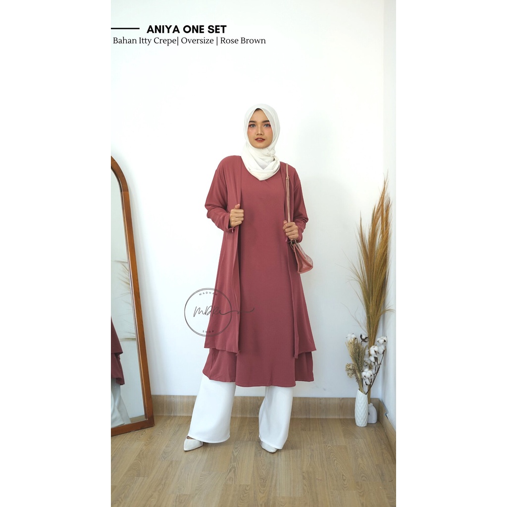 Aniya Midi Dress Set Outer Itty Crepe Setelan Inner Dress Outer Lengan Panjang Jumbo Fit To XL Fashion Muslim Perempuan Dewasa Kekinian Terbaru 2023