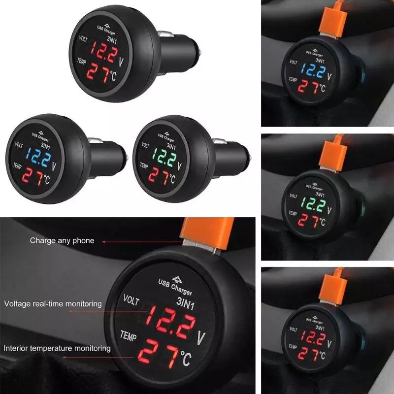 Pengukur Tegangan Volt Thermometer Suhu Meter Monitor Tegangan 12 V 24 V LED Display Tahan Air