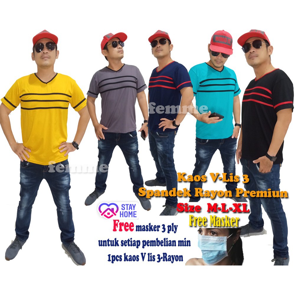 Femme Ols Kaos Pria V Neck Triple Lis 3 Spandek Rayon Jumbo Premium High Quality