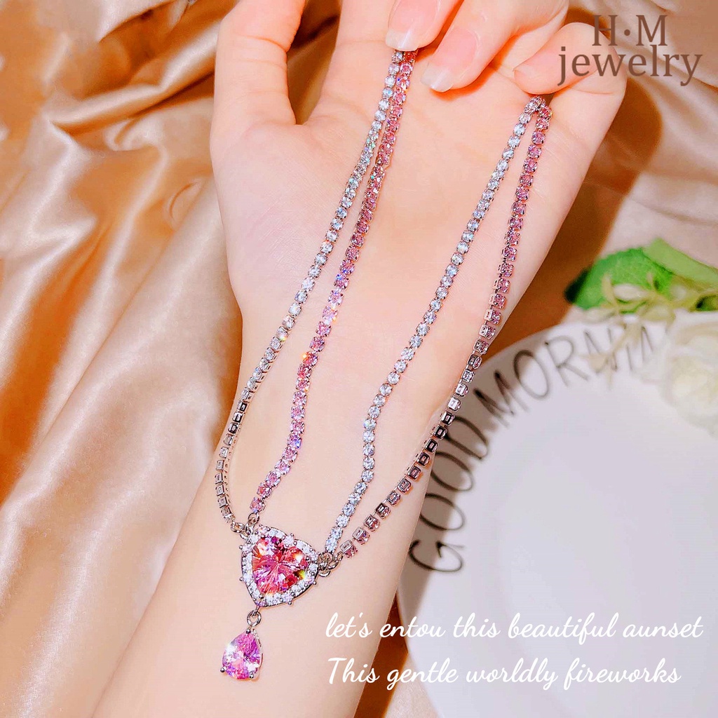 Kalung Rantai Liontin Hati Asimetris Hias Zircon AAA Warna Pink Muda