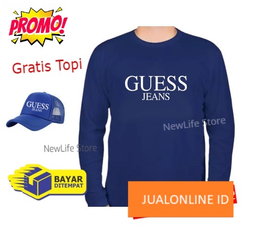 Beli Baju Gratis Topi - Kaos Distro Guess Jeans Putih  Premium Pria Wanita Lengan Panjang