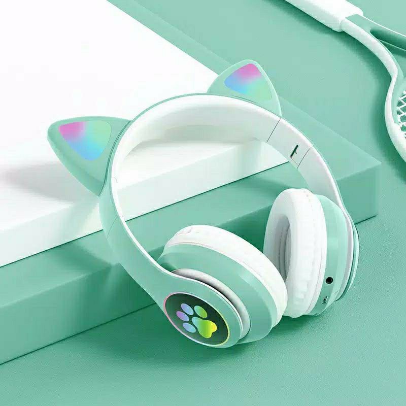 Headphone Bluetooh Bando Cute Cat Ear STN-28 Macaron Model Telinga Kucing LED