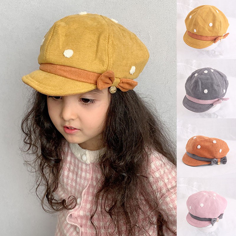 Topi Beret Gaya Retro Klasik Motif Polkadot Aksen Pita