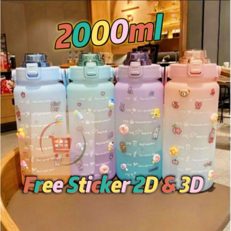 Botol Minum Viral 2 Liter Sticker 2D & 3D Tutup Flip