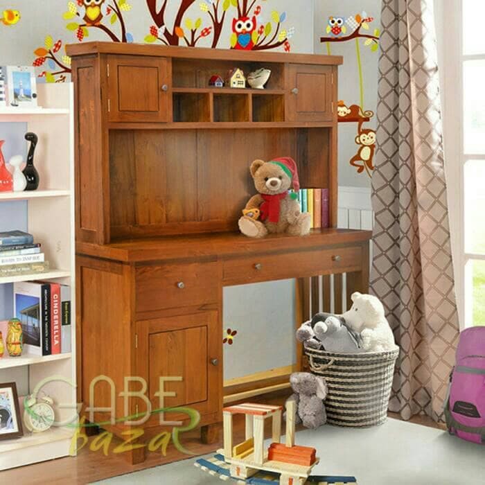 Meja Belajar Anak Jati Jepara Lemari Rak Tempat Buku Tulis Serbaguna