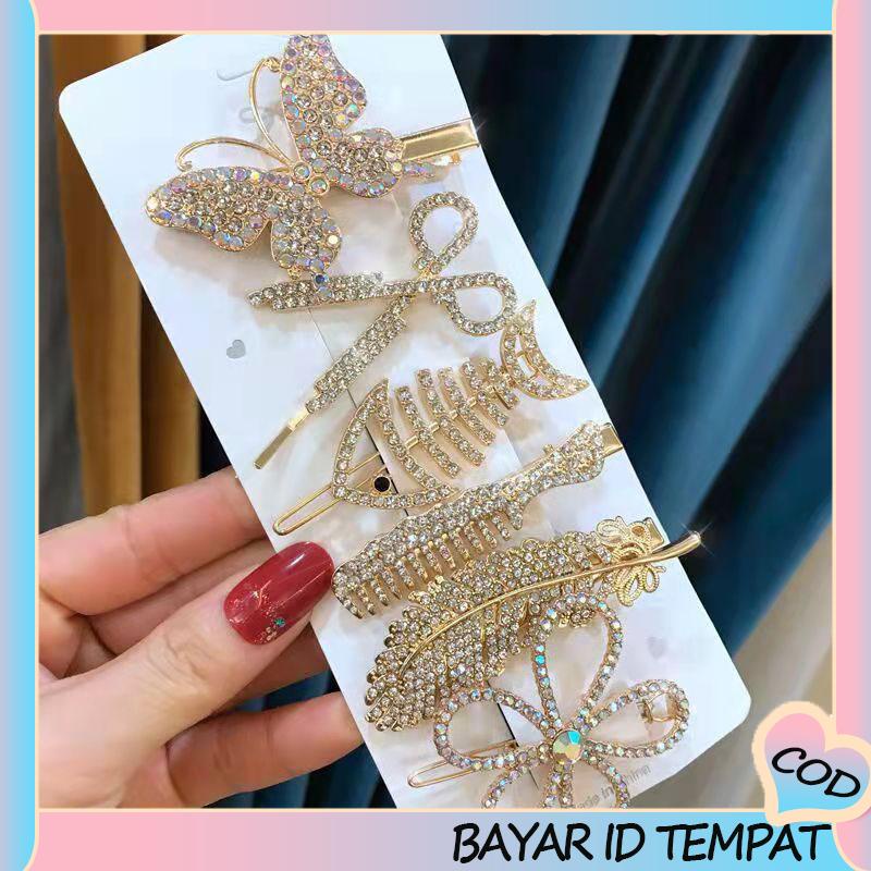 COD❤️ Fishbone Hairpin 6-Piece Set Aksesoris Rambut Vintage Set Dengan Diamond Pearl Edge Clip Bebek Paruh Clip-A.one