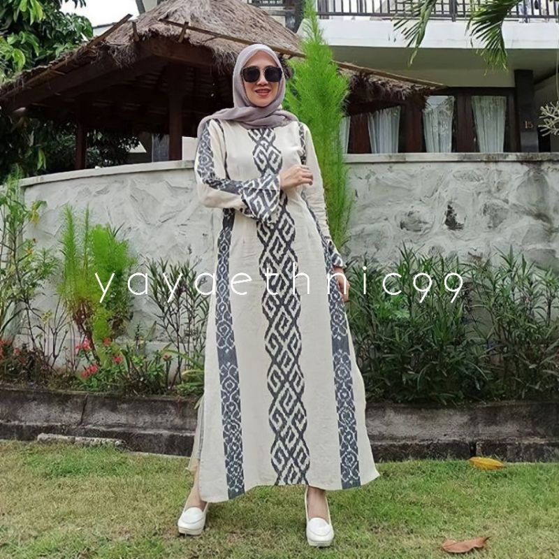 Busana wanita tenun, gamis muslimah tenun, gamis ethnic tenun, dress tenun ikat, busana wanita tenun