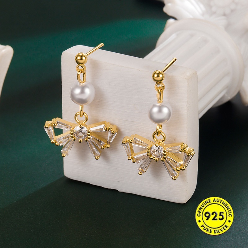 Anting Tusuk Sterling Silver 925 Model Pita Dengan Mutiara Untuk Wanita