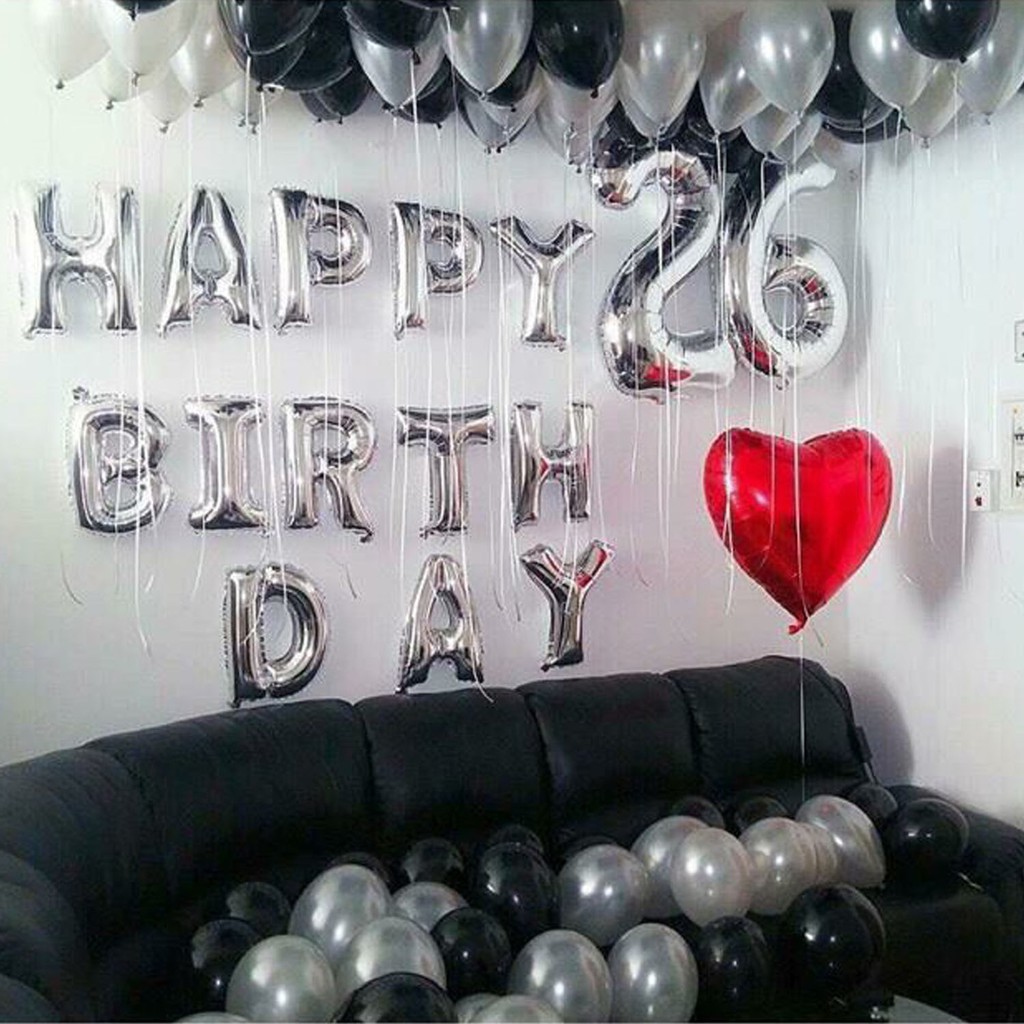  PAKET  BIRTHDAY Set SILVER BLACK HEART Dekorasi  Backdrop 