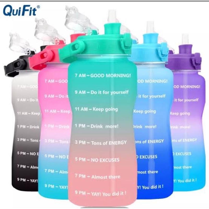 [ORIGINAL] QUIFIT Botol Minum Penanda Waktu  1L,2L,3.8L Sedotan & Holder,Tumblr Viral