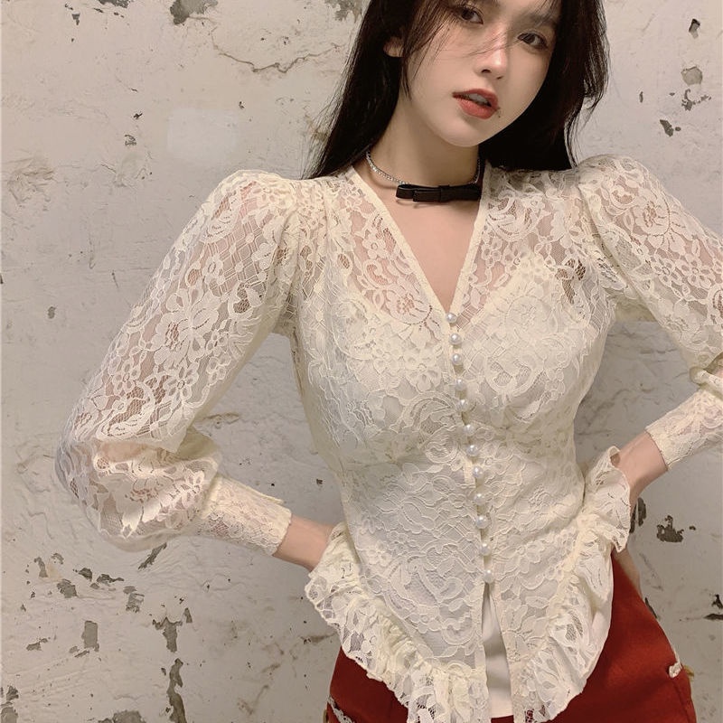 atasan renda import french lace chiffon bottoming shirt model putri dengan atasan lengan panjang pen