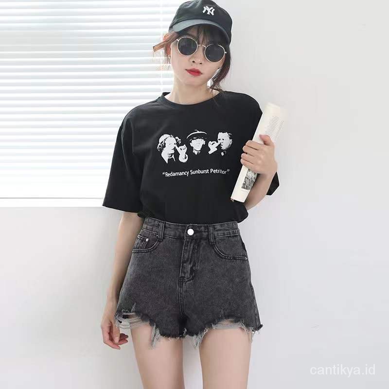 Celana jeans pendek wanita korea style hotpants denim hitam Abu-abu ripped short  high waist pinggang tinggi sobek cewe xl xxl perempuan jens