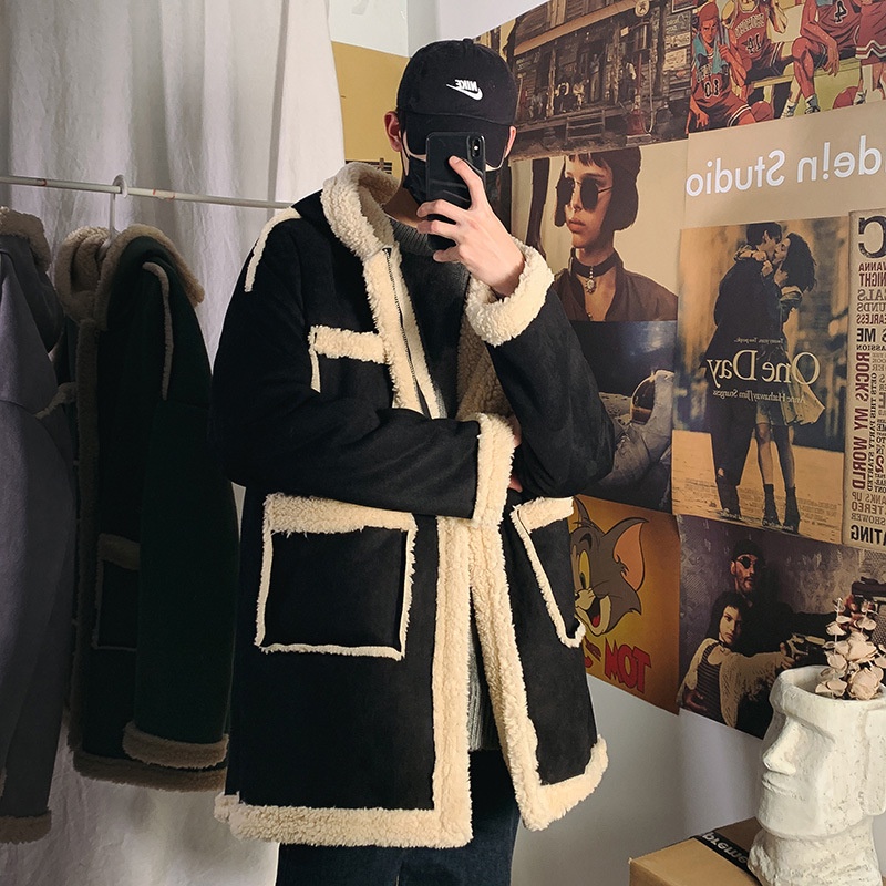 Domba Wol Mantel Pria Panjang  Plus Ukuran Plus Ukuran Kelebihan Berat Ba Pria Longgar Bulu Kapas em