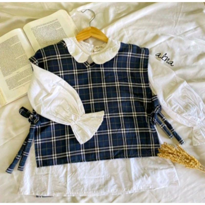 READY ALICE OUTER TARTAN VEST ROMPI OUTER WANITA BLOUSE  ROMPI ATASAN WANITA KOREAN STYLE MOTIV KOTA