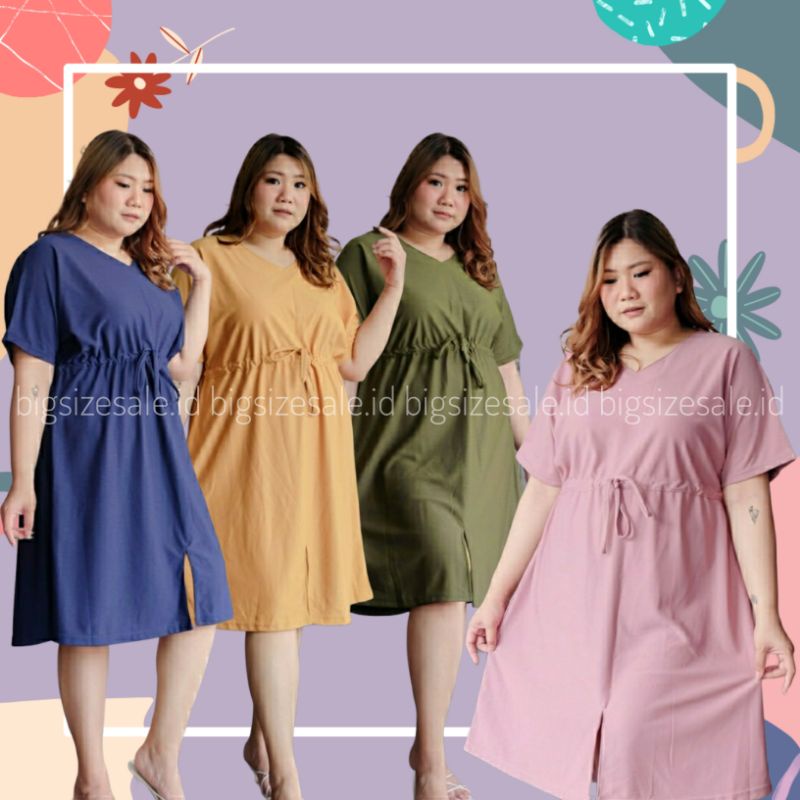 Premiun Simple Dress Jumbo Tunik Bigsize Knit Dres Vneck Polos Lengan Pendek XXL Stretch Bisa Melar 