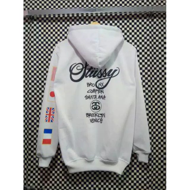 Hoodie Sweater Stussy Putih Motip Bendera Pria/Wanita