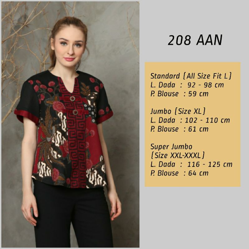 Atasan Blouse Batik Wanita Lengan Pendek Bahan Katun Stretch, 208 AAN / 208 SMP#-Blouse 208AAN Maroon