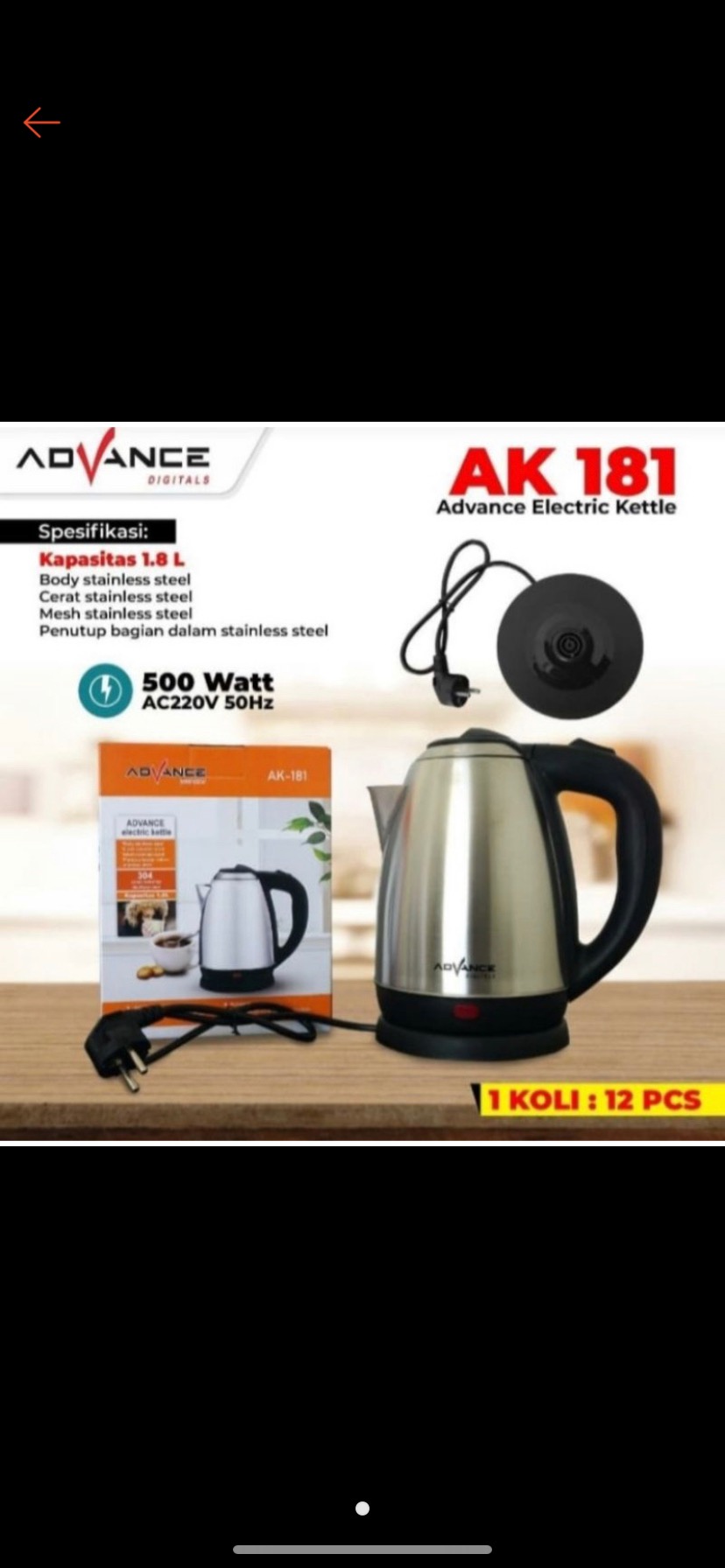 Advance Ak181 Kettle Teko Listrik 1.8 Liter Stainless