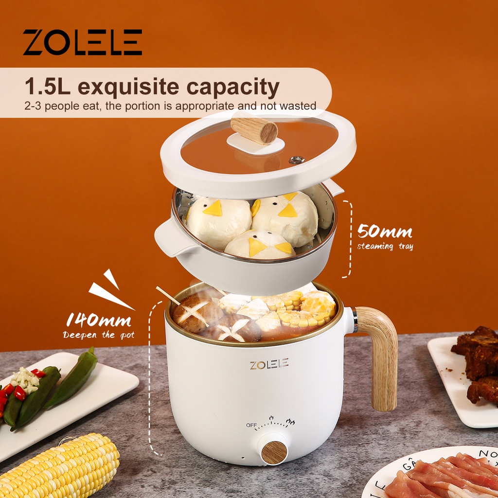 ZOLELE Panci Listrik Serbaguna Kukusan 1.5L Multifungsi Elektric Cooker 4 in 1 Food Frypan Hotpot Low Watt 2-Layer Panci Pot Kukus Steamer with Gagang Anti Melepuh Panci Anti Lengket Peralatan Dapur Stainless Home Kitchen Portable ZC302