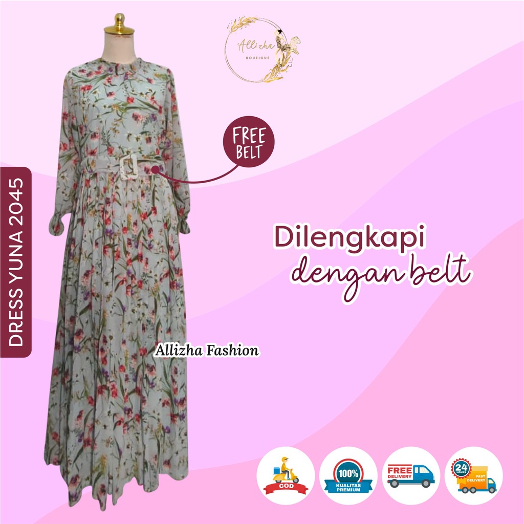 Dress Yuna 2045 Gamis Plisket Motif Bunga Bunga Baju Muslim Wanita Busui Friendly By Allizha Fashion