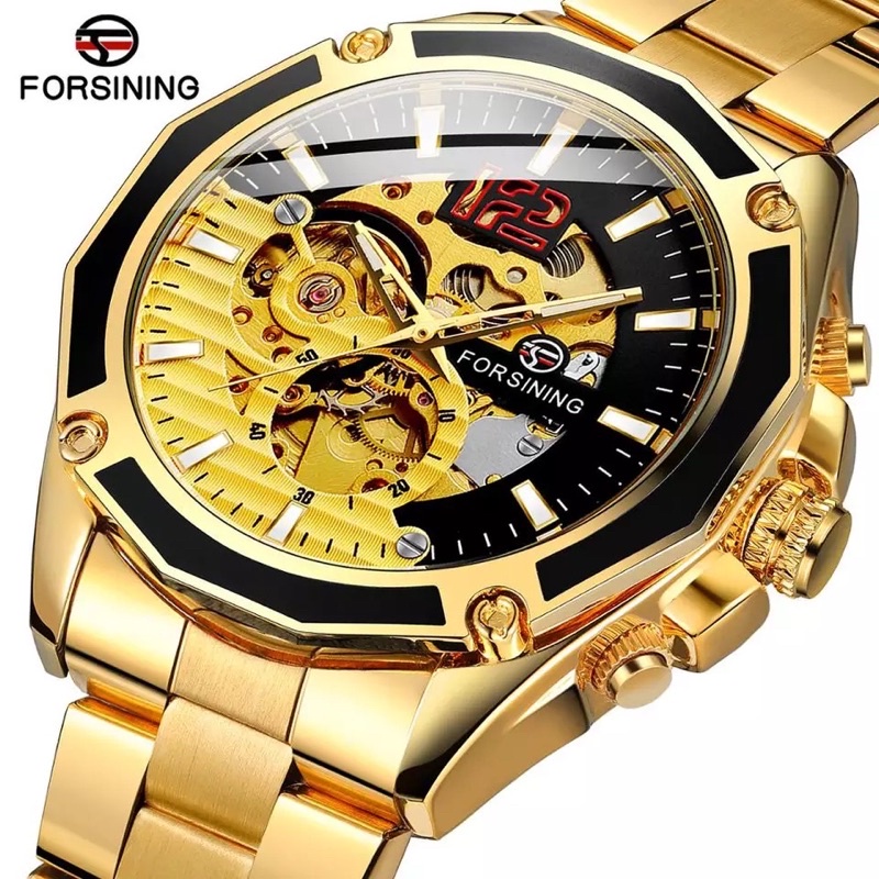 Jam Tangan Pria Original Forsining Automatic Mechanical Golden Luxury Sporty Gold