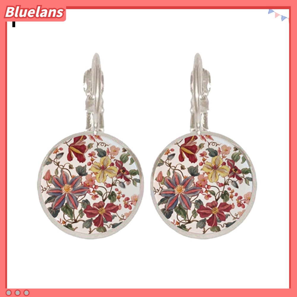 Bluelans Vintage Flower Printed Round Pendant Women Leverback Earrings Party Jewelry