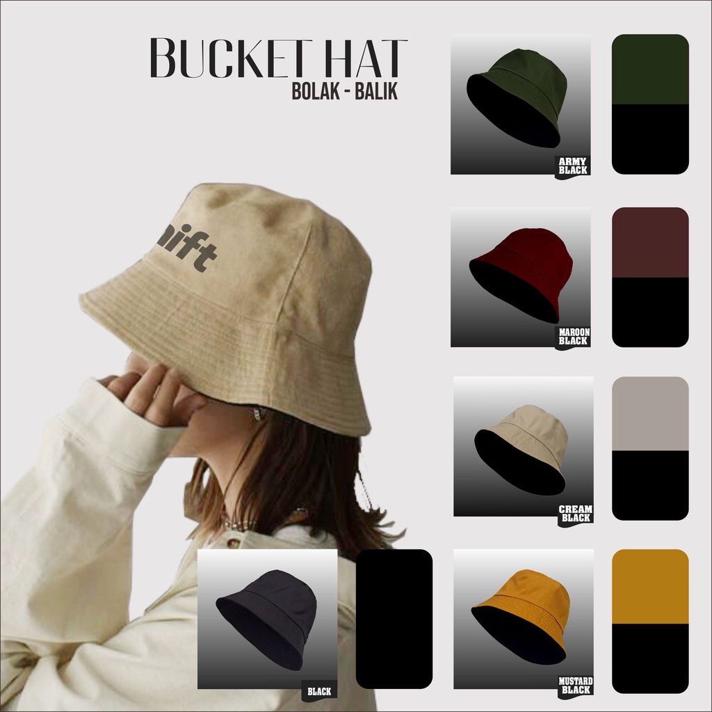 TOPI BUKET DEWASA SHIFT HIJRAH Bucket Hat Pria Wanita Premium Korea Bolak Balik 2 Warna Buckethat Ce