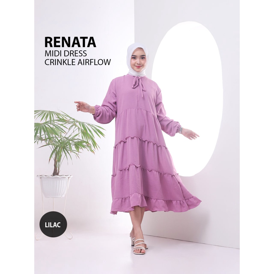 Midi Dress Renata Dress Wanita Crinkle Airflow Premium Baju Wanita Rempel Susun Fashion Wanita Kekinian