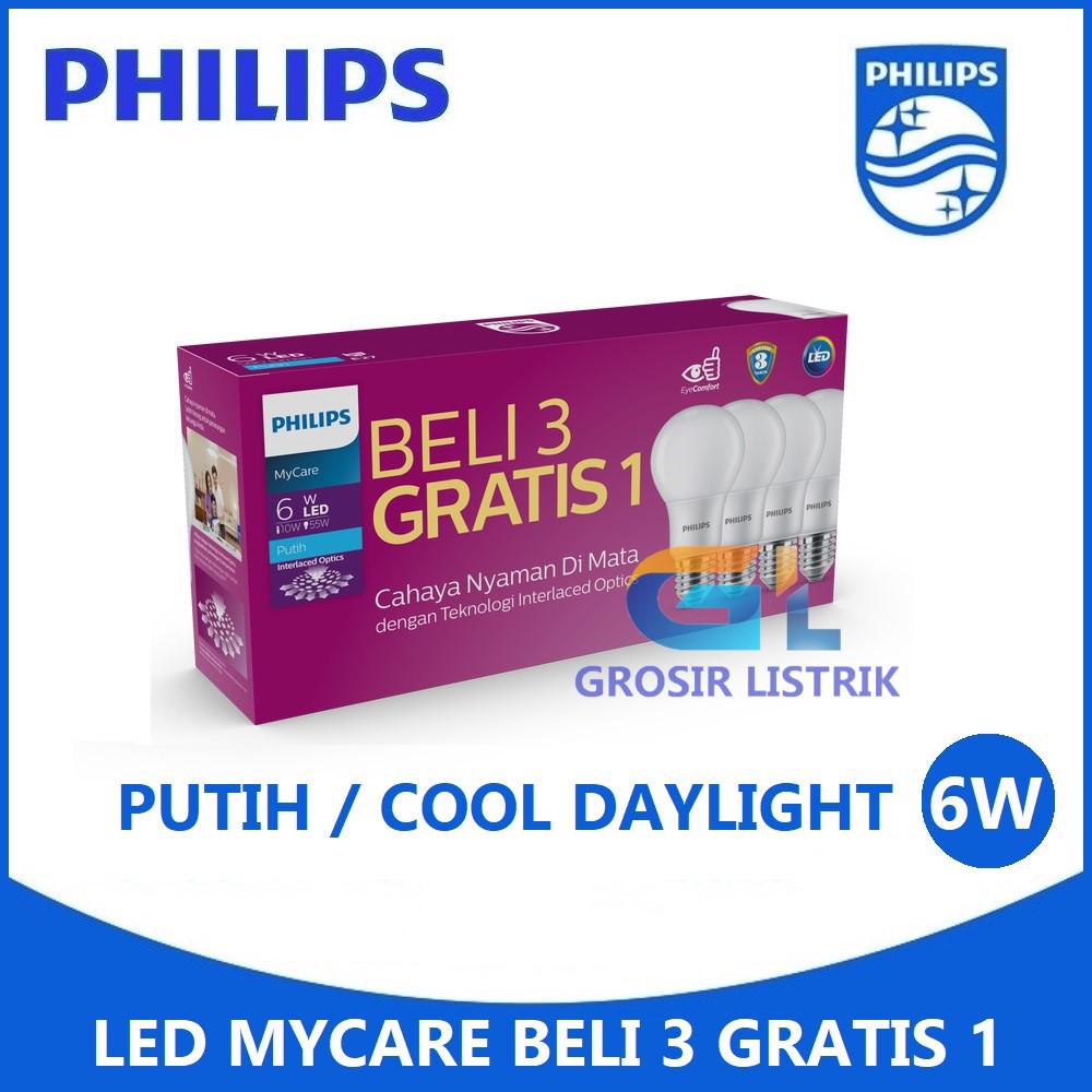 Lampu Philips LED Bulb MyCare Multipack 6W Putih (Paket 6 Watt Beli 3 Gratis 1) LEDBulb Grosir 6 W