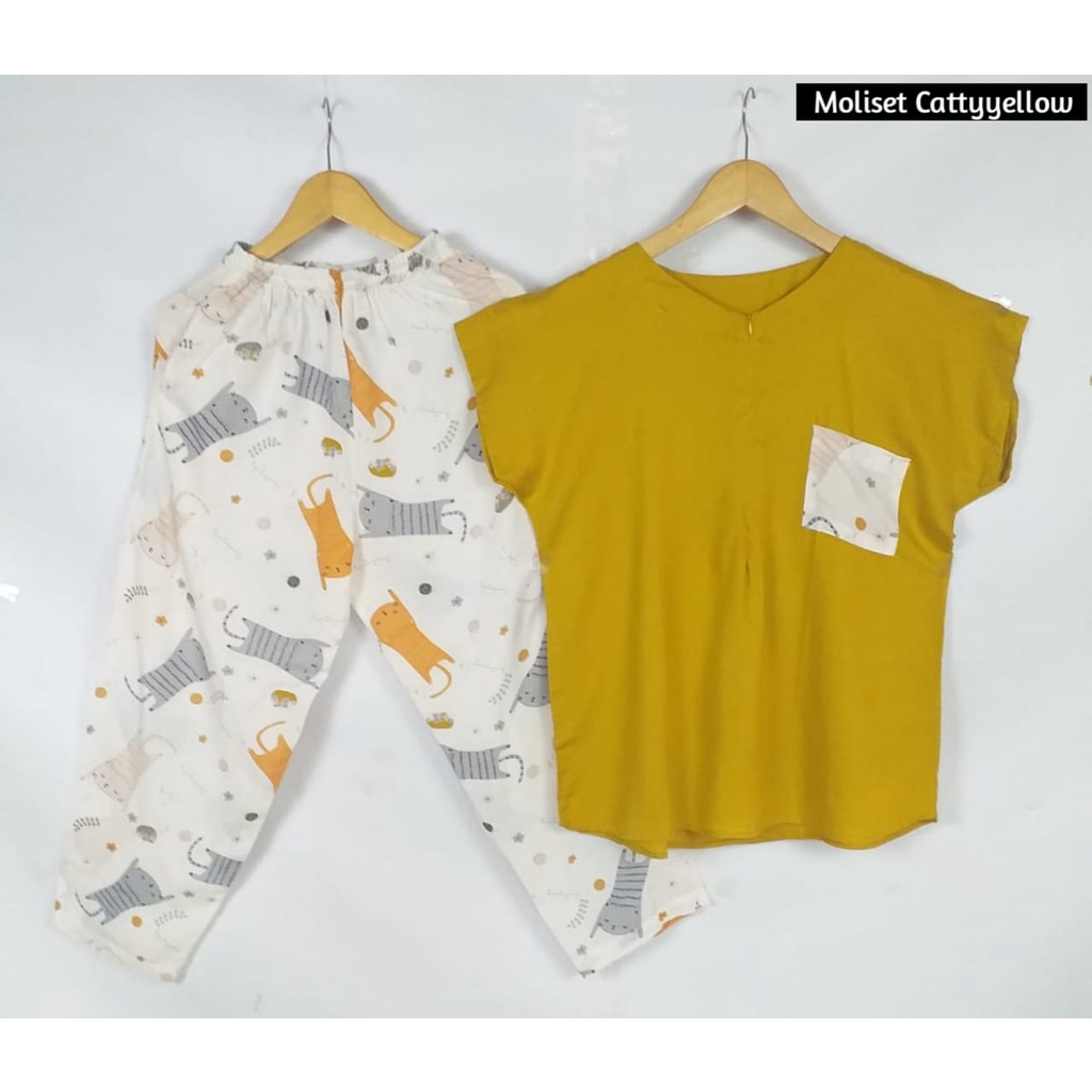 Setelan Piyama Babydoll Lengan Pendek Kekinian Baju Tidur One Set Rayon Premium Wanita Dewasa Busui-Catty Yellow