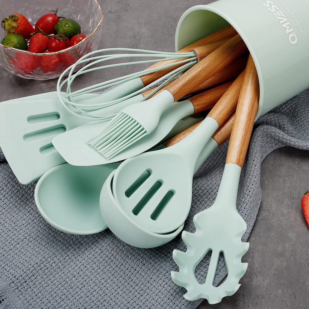 #Termurah!!! Peralatan Alat Masak Spatula Sutil Silikon Set 11 / Sillicone Utensil Kitchen Set/Spatula Peralatan Masak sutil pegangan kayu baking set