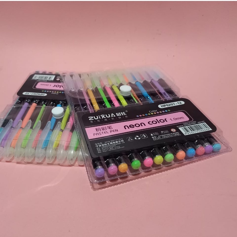 Sta307 (12 pcs) pulpen gel warna warni neon colour pastel glitter pen isi 12 warna pena