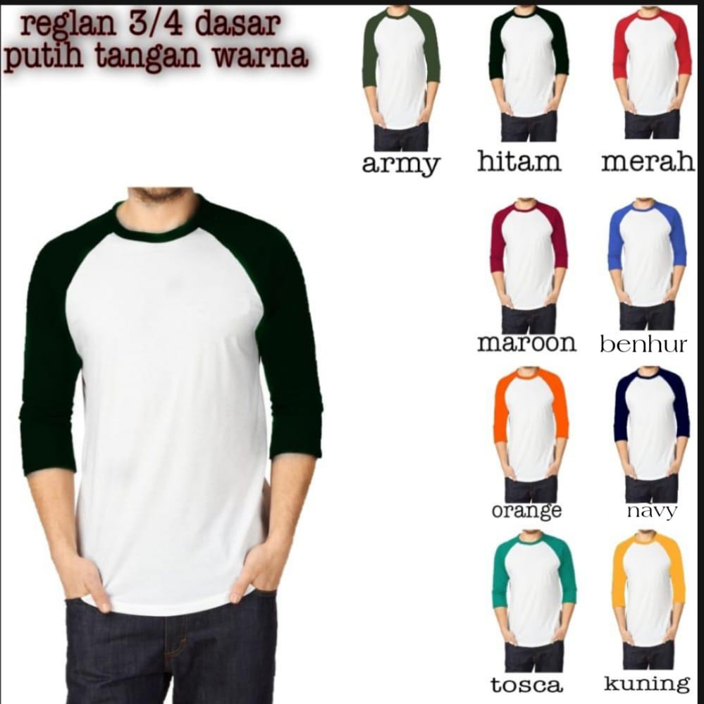 Noveli wear - Kaos Raglan polos putih kombinasi lengan 34 warna seragam pria wanita | kaos polos reglan