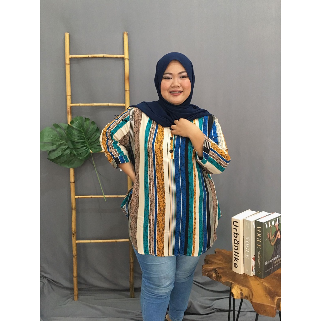 Ezpata Atasan Wanita Jumbo Bigsize Bahan Rayon Motif Stripe Garis Kancing Depan Busui Friendly LD 130cm BB 65-90kg