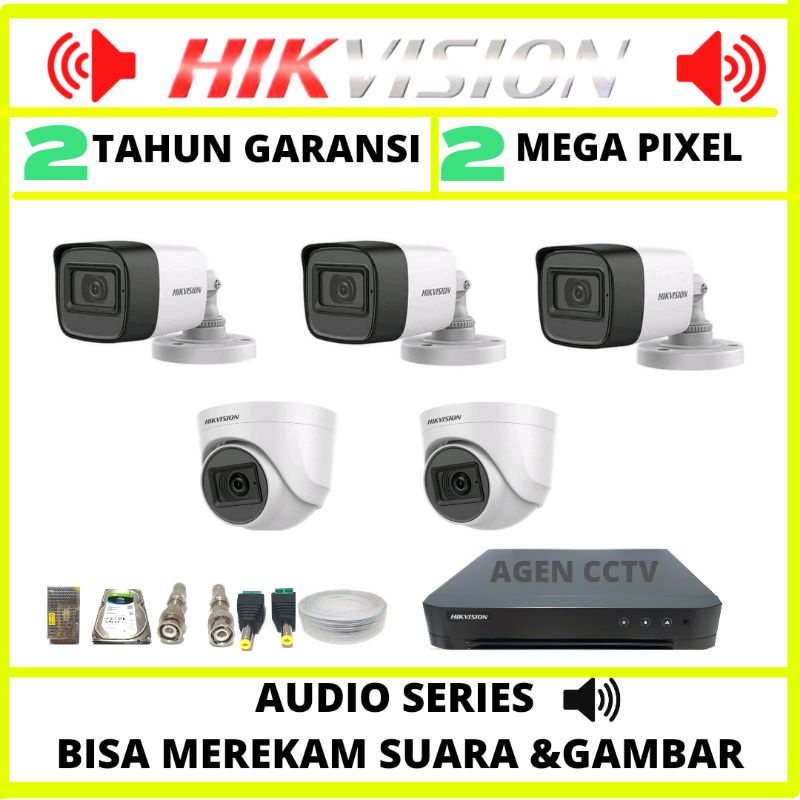 PAKET CCTV HIKVISION 8 CHANNEL 5 KAMERA 2MP AUDIO SERIES 1080P TURBO HD KOMPLIT