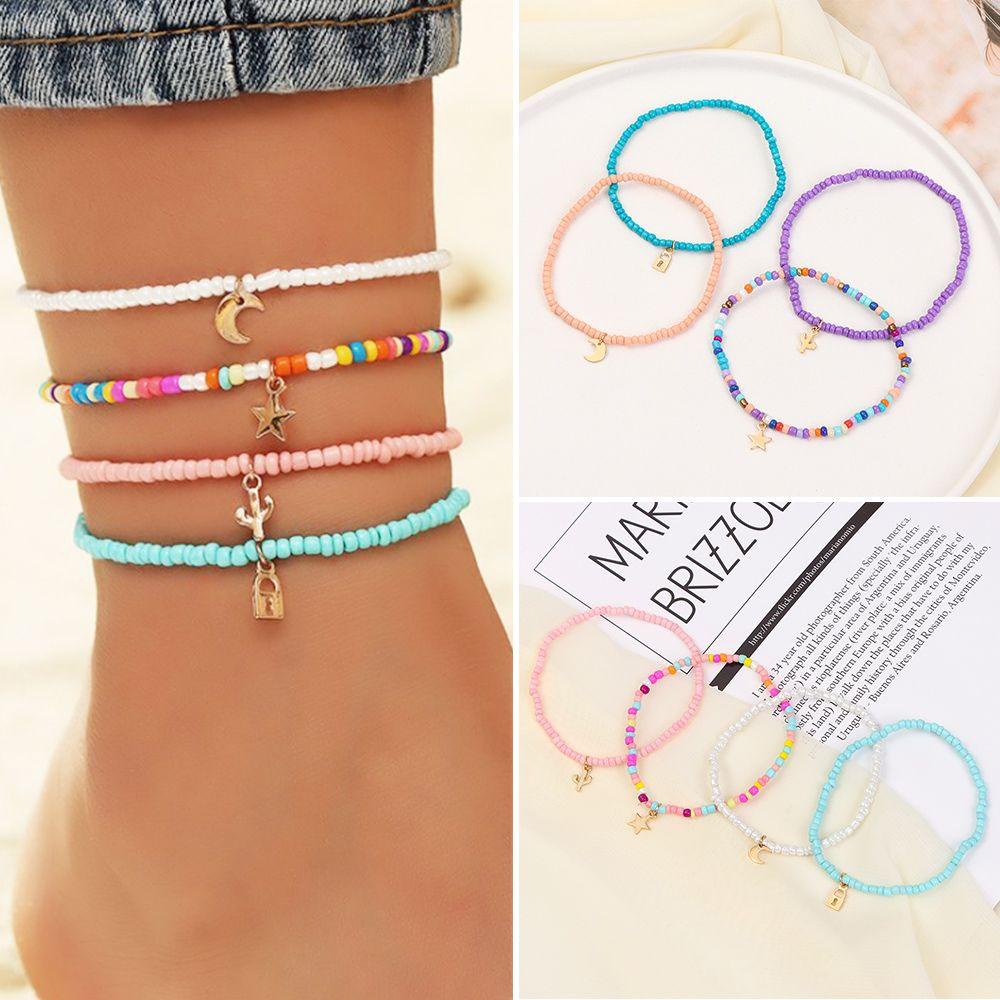 R-flower 4PCS/SET Gelang Kaki Multilayer Elastisitas Pantai Lucu Campur