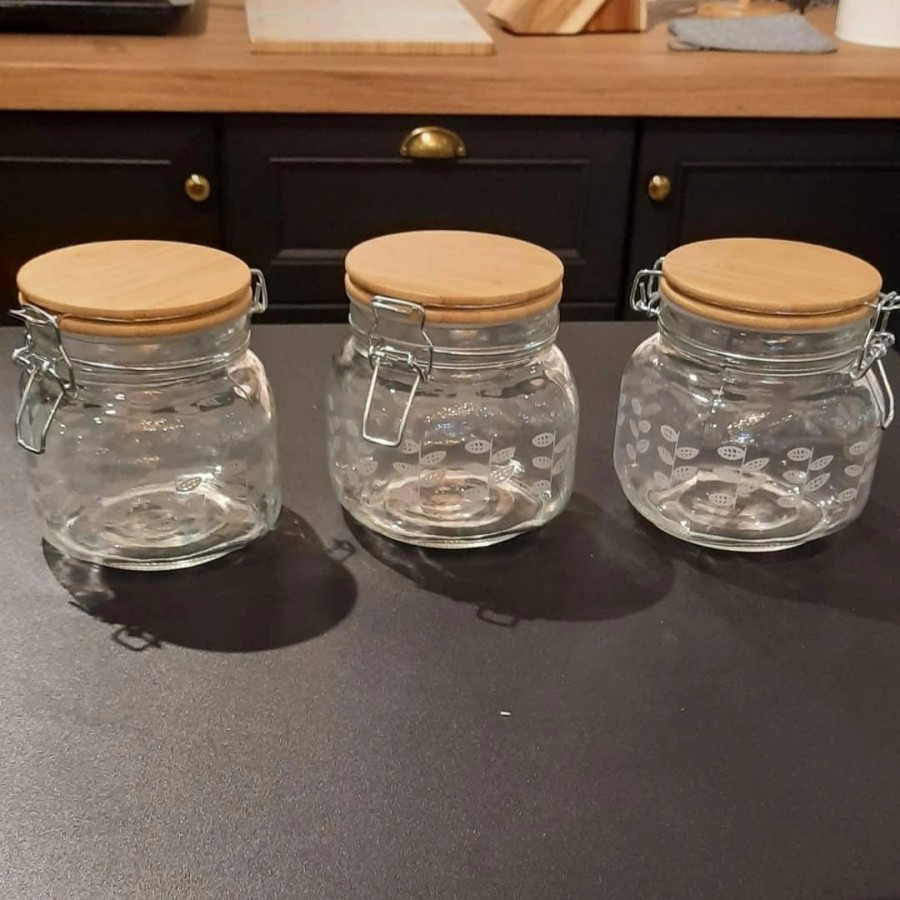 Set toples kaca tutup kayu isi 3 pcs