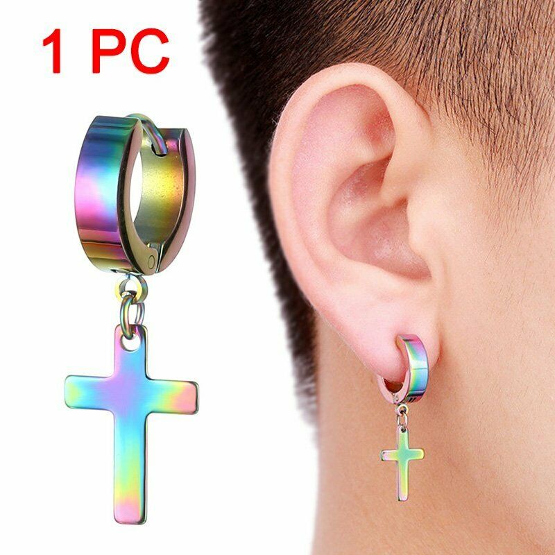 1pc Anting Stud Drop Dangle Tassel Cross Bahan Stainless Steel Untuk Pria