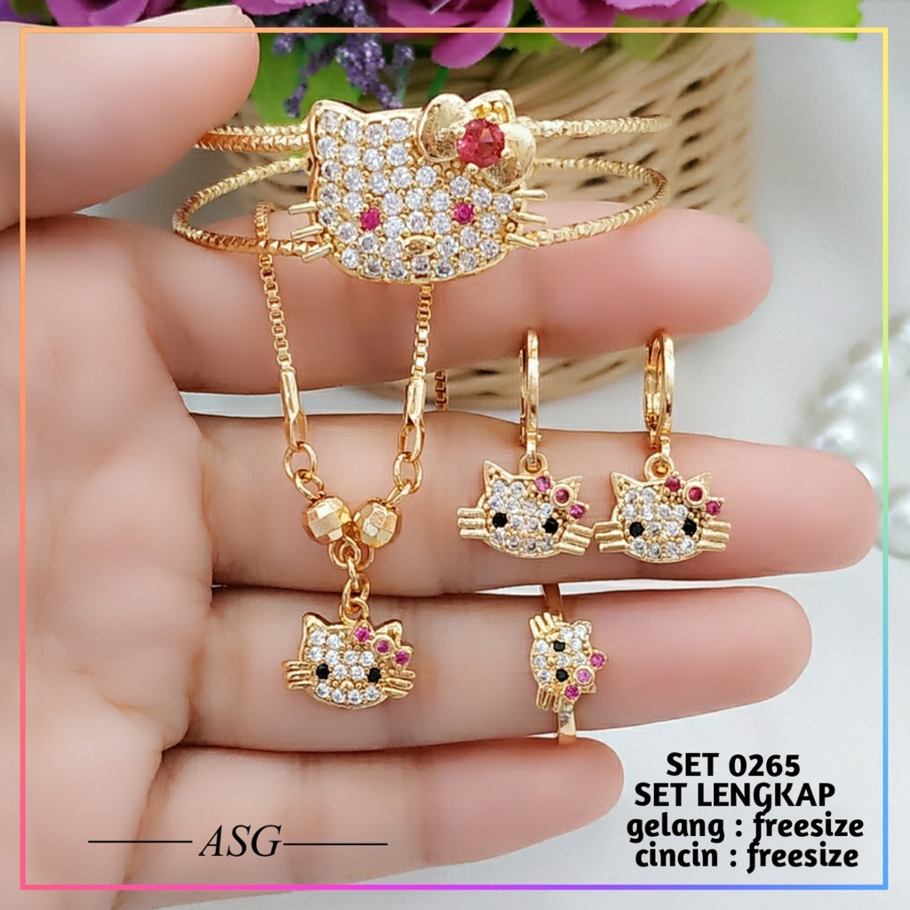 Set perhiasan xuping lucu satu set anak hello kitty pita cantik permata zirkon perhiasan lapis emas gold 0265