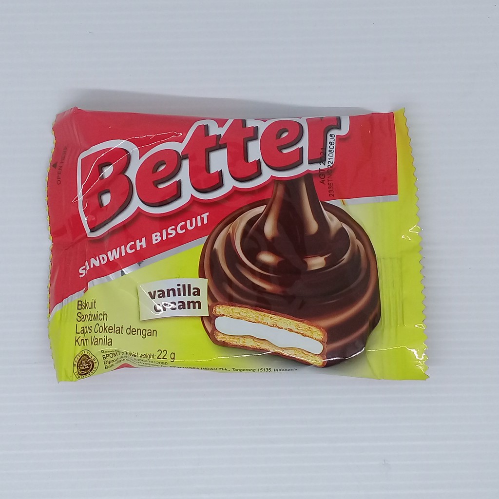 

Better Sandwich Biscuit Vanilla Cream 22 gram Biskuit Sandwich Lapis Cokelat