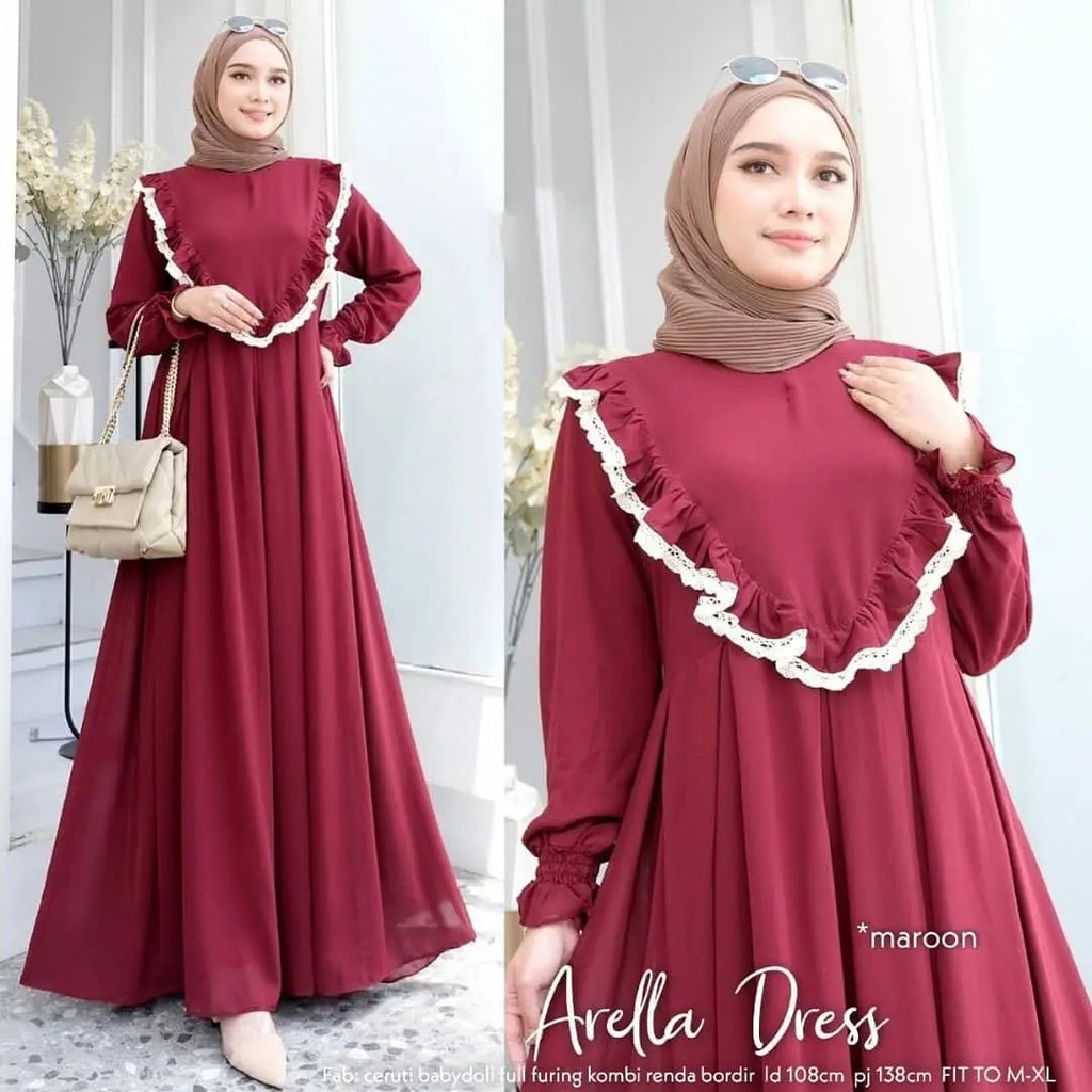 ARELLA DRESS BO BL Bahan CERUTY BABYDOLL FULL PURING APLIKASI RENDA Gamis Wanita Terbaru 2021 Kekinian Viral Gamis Murah Terbaru Gamis Terbaru 2021 Modern Import