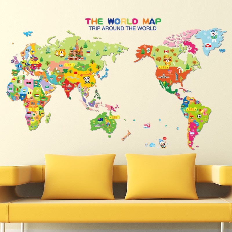 RELIZA WALL STICKER PETA DUNIA THE WORLD MAP GLOBE KIDS ANAK STUDY STIKER DINDING XL7123