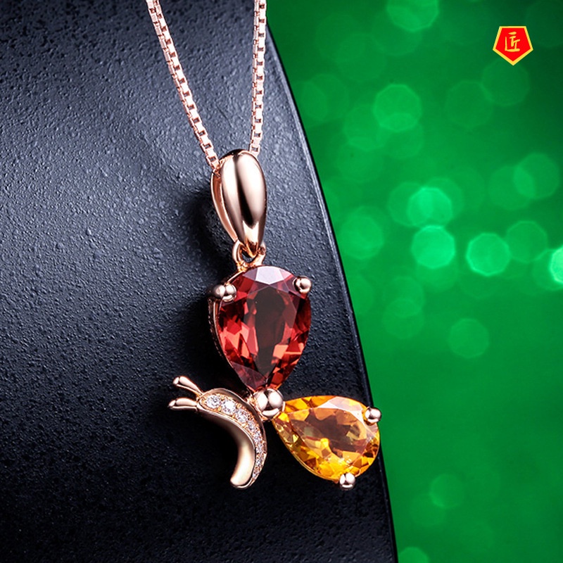 [Ready Stock]Silver Necklace Two Colored Gemstone Pendant 18K Rose Gold Elegant Fashion