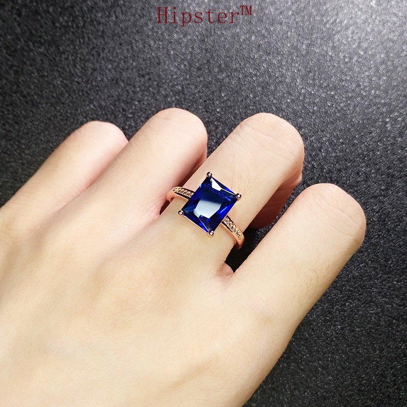 New Simple Fashion Luxury Domineering Inlaid Square Blue Crystal Ring