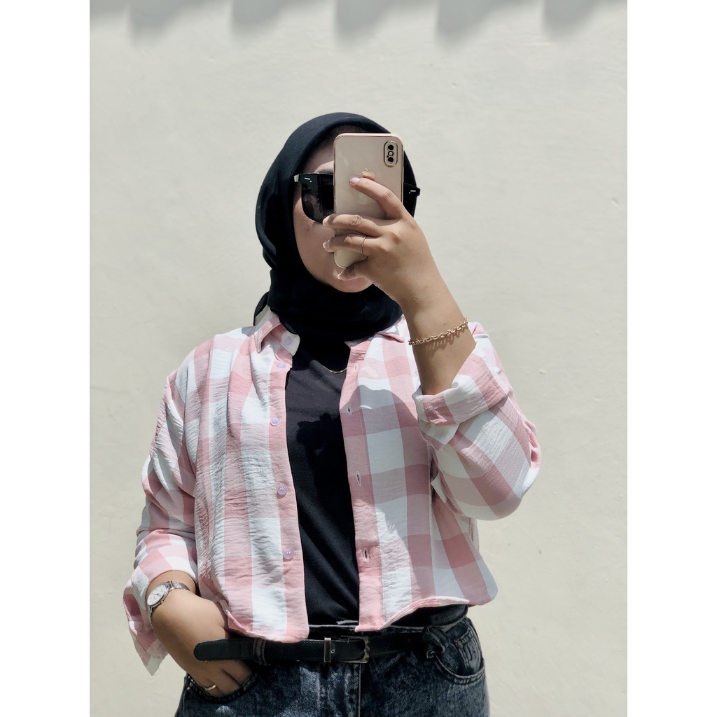 Kemeja Crop Tartan Kemeja Crop Shirt Crinkle Kotak Alika Blouse Crinkle