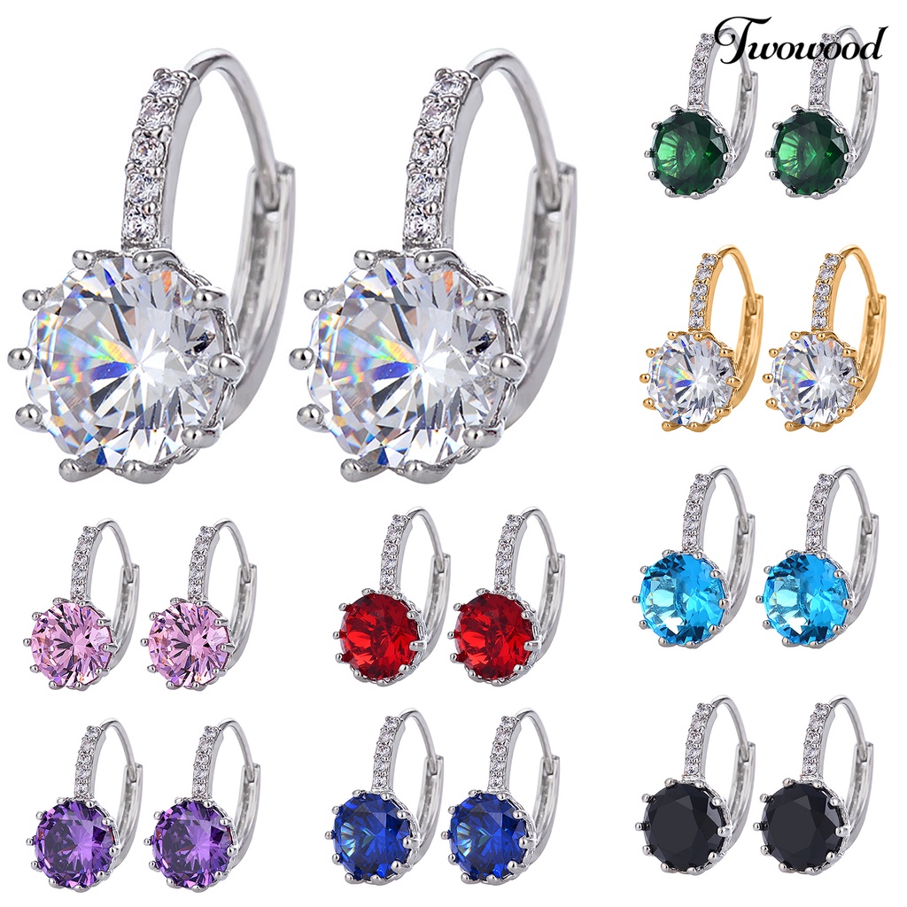 1 Pasang Anting Bentuk Bulat Kecil Bahan Metal Aksen Cubic Zirconia Untuk Wanita Drops