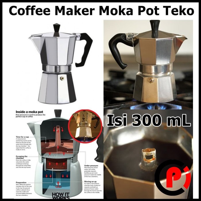 Espresso Coffee Maker Moka Pot Teko Stovetop Filter 300mL For 6 Cups