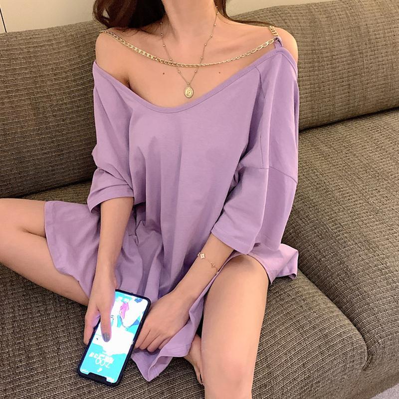 Suhao Hong Kong rasa lengan pendek t-shirt wanita desain tidak teratur rasa celah dengan hati-hati mesin seksi backless rantai longgar top in pasang