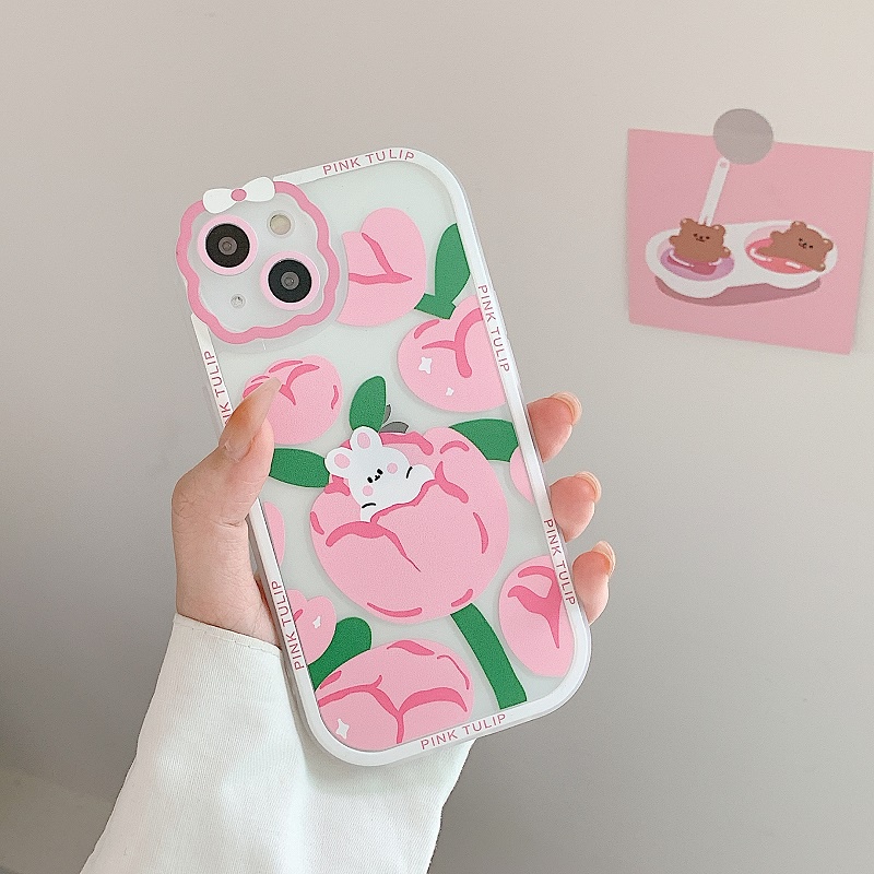 Soft Case Pelindung Kamera Anti Jatuh Motif Kartun Beruang / Bunga / Kelinci / Pita Untuk iPhone 13 Pro MAX 11 12 X XR XS MAX