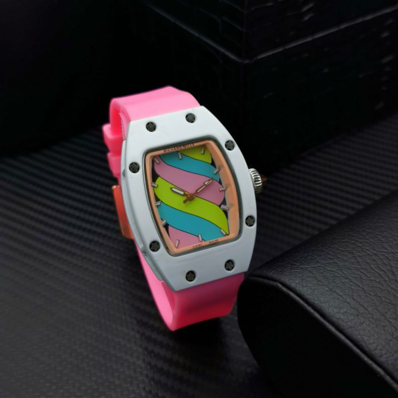 Jam Tangan Wanita Kotak R_M Rainbow Pelangi,Jam Tangan Sport Wanita Cewek  Casual Fashion Murah